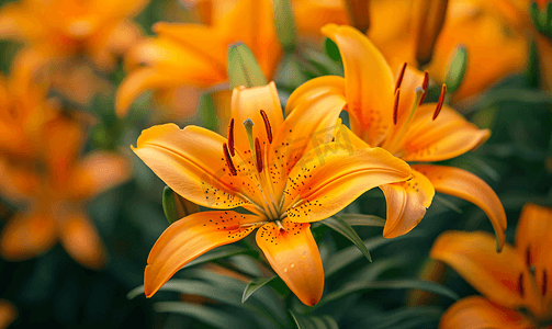 春天的叶子摄影照片_花园百合中的野生橙色虎百合作为壁纸或背景