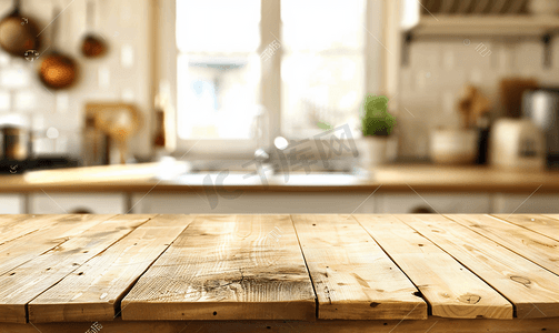 天地盖样机摄影照片_厨房背景模糊的木桌