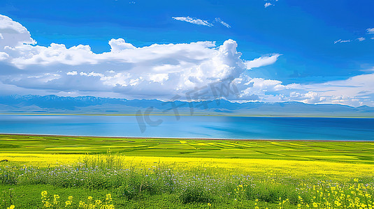 辽阔青海湖的油菜花海高清摄影图