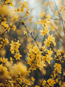 黄色花朵背景摄影照片_黄色花朵连翘开花灌木