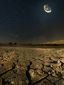 月亮和摄影照片_由于全球变暖而遭受干旱的地区夜晚有月亮和星星