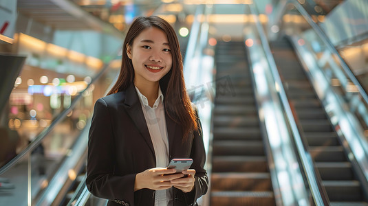 商务女士在手扶梯看手机高清图片