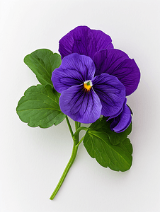 隔离花摄影照片_白色背景下带绿叶的三色紫罗兰
