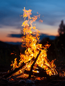 燃烧的森林摄影照片_夜间黑暗火焰中的篝火燃烧木材露营细节