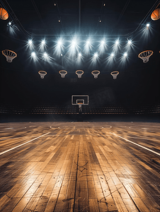 深色墙壁背景摄影照片_篮球场上的木地板灯光和黑色背景