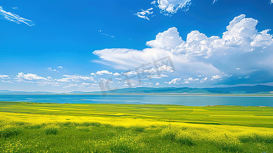 辽阔青海湖的油菜花海摄影配图