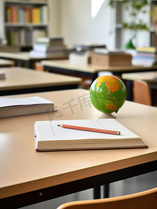 一张现代的教室桌子照片