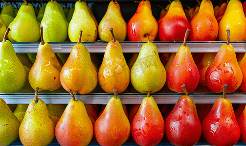 超市或杂货店货架上色彩鲜艳、闪闪发亮的新鲜水果梨
