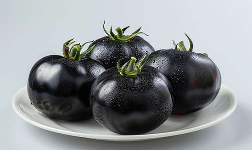 白色盘子里的黑色库马托番茄被孤立在白色背景上