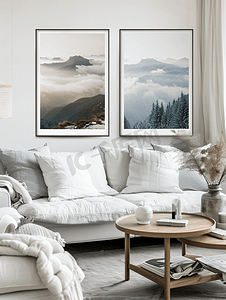 沙发简约海报摄影照片_客厅室内风格阁楼中的样机两个框架