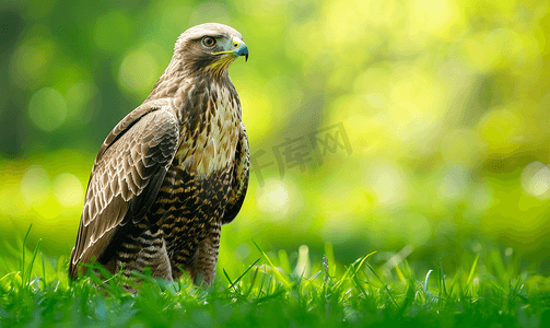 田野春天摄影照片_春天一只秃鹰坐在绿色的田野上