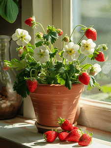 家里的花园架子上花盆里盛开的草莓