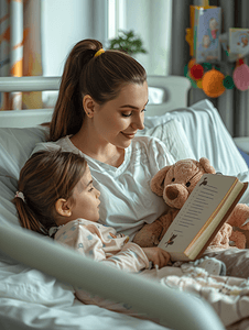 妈妈给住院的女儿读故事书