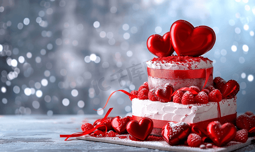 芝士蛋糕蛋糕摄影照片_红色礼品盒与心形蛋糕糖果纪念品店小生意