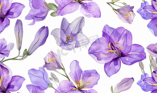 紫色底纹花边摄影照片_百合与小苍兰花水彩紫色无缝图案
