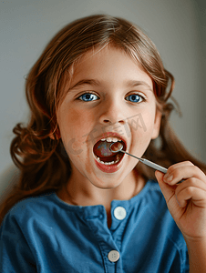 儿童正畸口腔内照摄影照片_医生检查儿童口腔牙齿健康特写