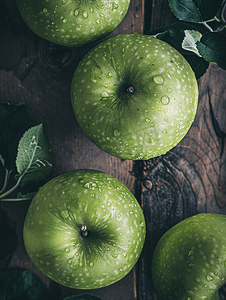 秋季优惠摄影照片_木桌顶视图上新剪的绿色苹果