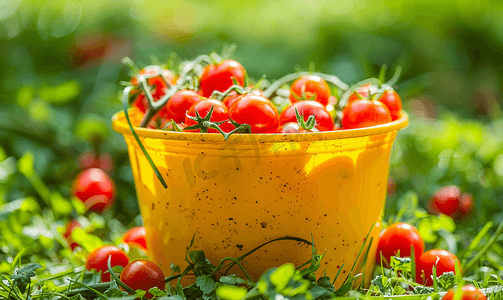 红色绿摄影照片_绿草黄色塑料盆中新鲜收获的樱桃番茄有机食品
