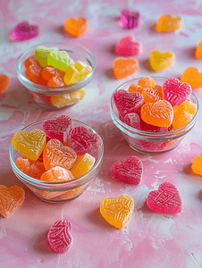 两颗心形的糖果旁边是很多糖果心形的果酱糖果
