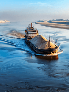 一艘拖船正在大河里拖着装满沙子的大货船