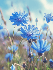 饲料社保摄影照片_夏季草地上开花的蓝色普通菊苣