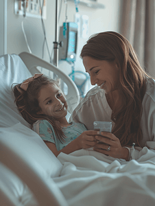 妈妈给住院的女儿看手机视频