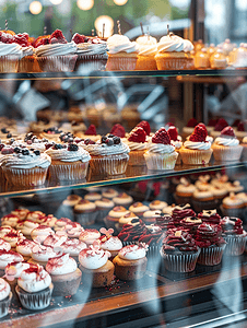 蛋糕店摄影照片_糕点店橱窗展示着各种纸杯蛋糕和芝士蛋糕的选择性焦点