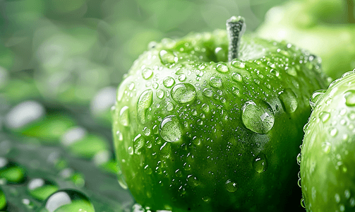 水滴溅水摄影照片_苹果叶上的水滴宏观视图