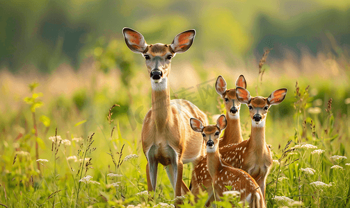 田野春天摄影照片_田野中的鹿群和两只小鹿