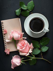 粉红kt板摄影照片_黑色背景上一杯黑咖啡笔记本和粉红玫瑰顶视图复制空间