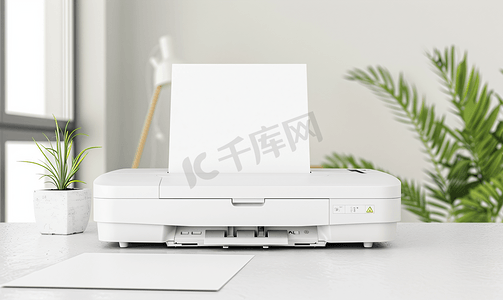 模板网站摄影照片_办公桌上有空白纸张的喷墨打印机模板模型