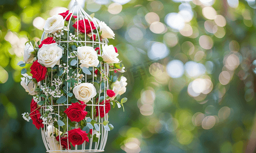 红色复古背景摄影照片_户外装饰鸟笼红色和白色玫瑰的婚礼装饰
