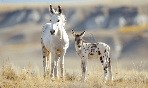珍贵的白驴和它的斑点小马驹