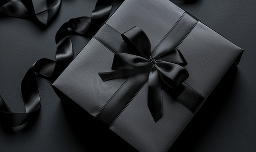 白色折扣摄影照片_黑色礼品盒带黑色丝带孤立在黑色背景上