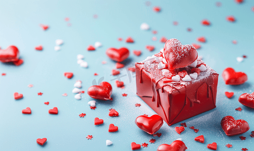 生日蛋糕蛋糕摄影照片_红色礼品盒与心形蛋糕糖果纪念品店小生意