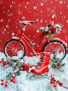 创意圣诞装饰摄影照片_工作室圣诞装饰上带溜冰鞋的红色装饰自行车