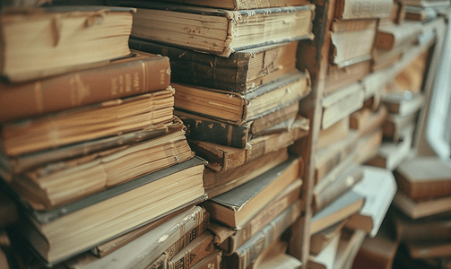 书架上堆满了棕色复古封面的旧书选择性焦点