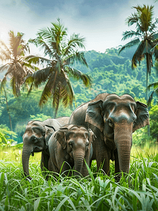 大象象摄影照片_热带雨林绿草田野象家族