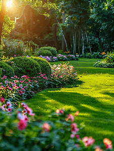 蓝色花卉边框摄影照片_夏季花园中的花坛和绿色草坪