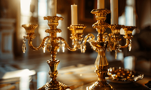 桌上精致的金色烛台的特写照片