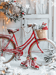 创意圣诞装饰摄影照片_工作室圣诞装饰上带溜冰鞋的红色装饰自行车