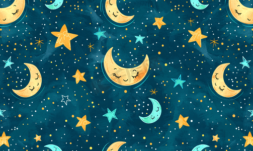 蓝色背景上带有月亮、星星和涂鸦的无缝节日图案