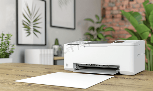 工作区桌面摄影照片_办公桌上有空白纸张的喷墨打印机模板模型