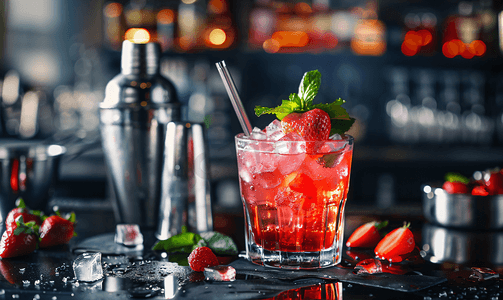 红色喜庆开业摄影照片_酒吧桌和调酒器上放有薄荷的红色酒精鸡尾酒