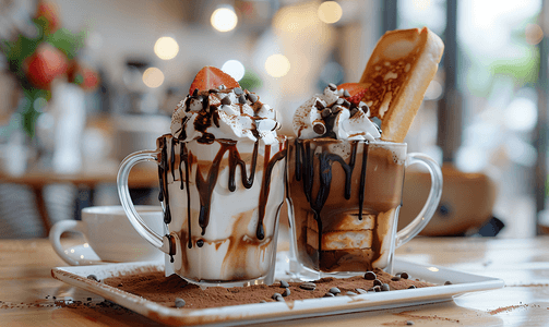 咖啡店白桌上的巧克力吐司冰淇淋和吐司