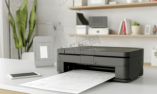 工作模板摄影照片_办公桌上有空白纸张的喷墨打印机模板模型