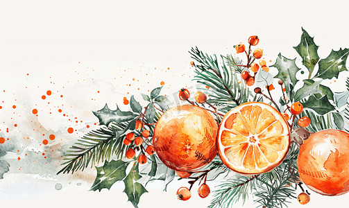 新年小标题摄影照片_圣诞水彩橙子和冬季植物卡
