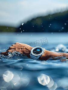 铁人三项运动员在湖上游泳设置智能手表