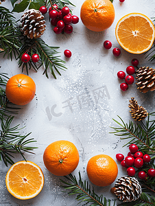 建党节小标题摄影照片_圣诞花卉顶部小插图配有橙子、一品红和冬季树枝