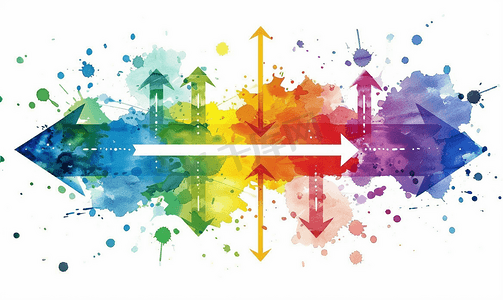带箭头和油漆溅设计的矢量抽象彩虹水彩背景